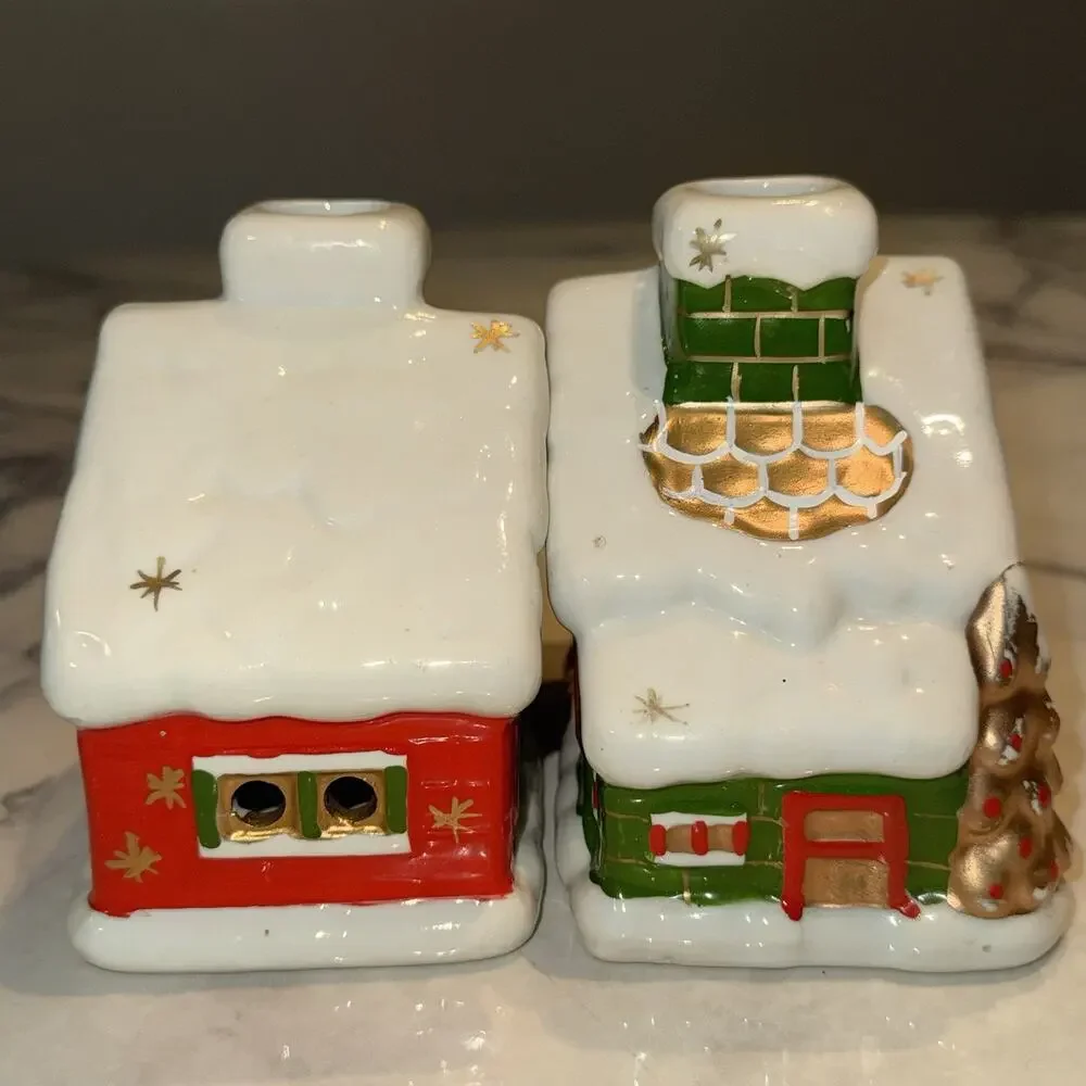 2 Vtg Christmas Tea Light‎ Candle Holder Houses Ski Chalet Cabin Smoking Chimney